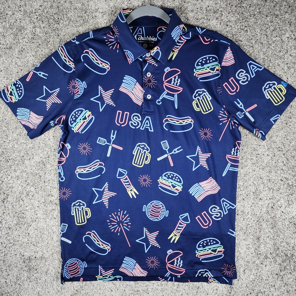 Chubbies Polo Shirt Mens Small Americana Neon BBQ USA Performance Navy Excellent
